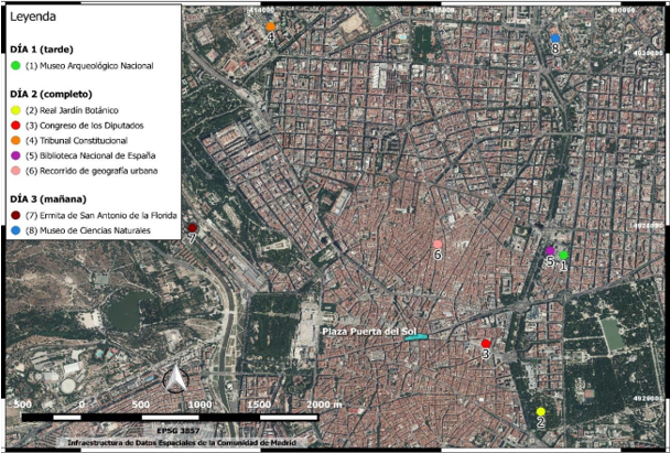 Figura 1. Cartografía del itinerario didáctico en Madrid: visitas/actividades realizadas y calendarización