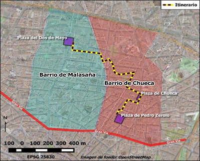 Figura 9. Recorrido de la actividad a través de los barrios de Malasaña y Chueca en el centro de Madrid