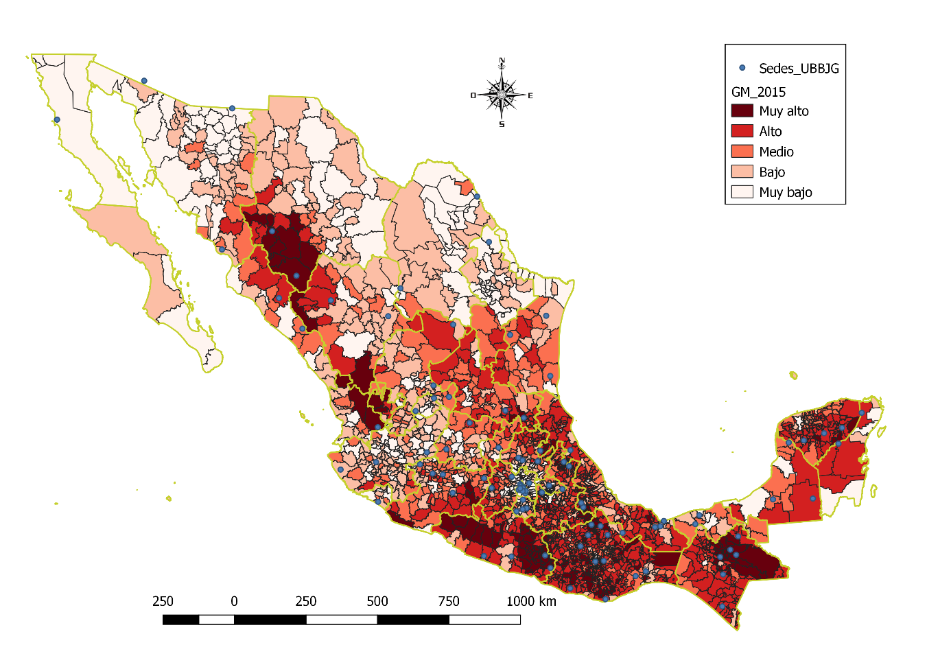 Figura 1. Grado de marginación de los municipios de la República Mexicana y ubicación de sedes de las UBBJG